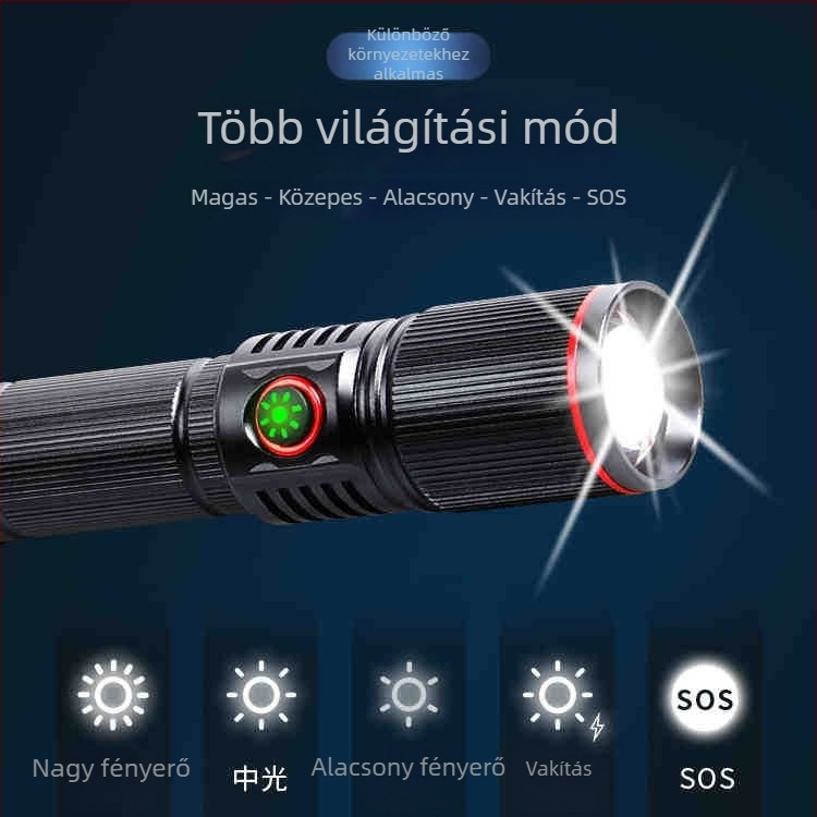 LED kézben tartható zseblámpa, Type-C töltés, alumíniumötvözet, teleszkópos zoom, 2000mAh akkumulátor, 200–500 m hatótáv