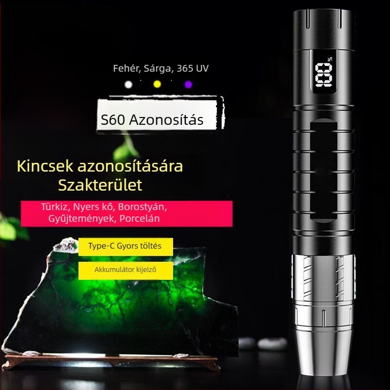 Nefriti és ékszerek azonosító zseblámpa UV 365 nm-es fénnyel, alumíniumötvözet test, 3000 mAh akkumulátor, 10 W LED, hatótáv 100–200 m