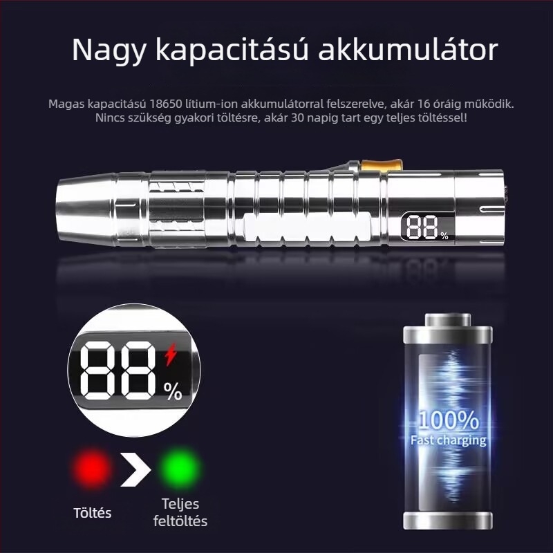 Nefriti és ékszerek azonosító zseblámpa UV 365 nm-es fénnyel, alumíniumötvözet test, 3000 mAh akkumulátor, 10 W LED, hatótáv 100–200 m