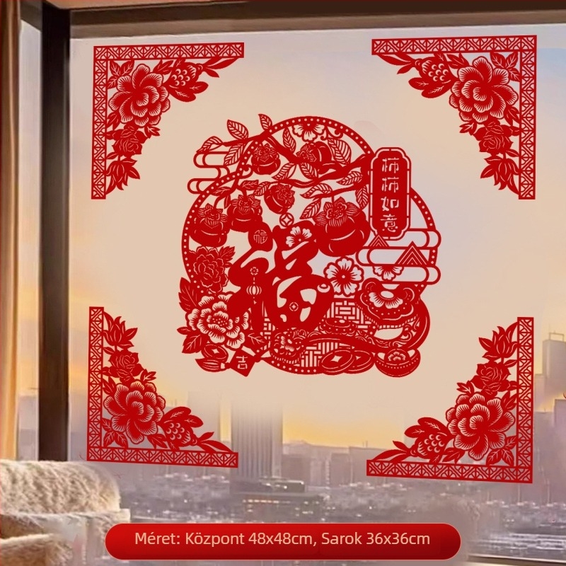 A ló évének 2026-os ablak matricái áldásokkal | Anyag: flockált szövet; Csomagolás: OPP zacskó; Márka: Hong Kong qi