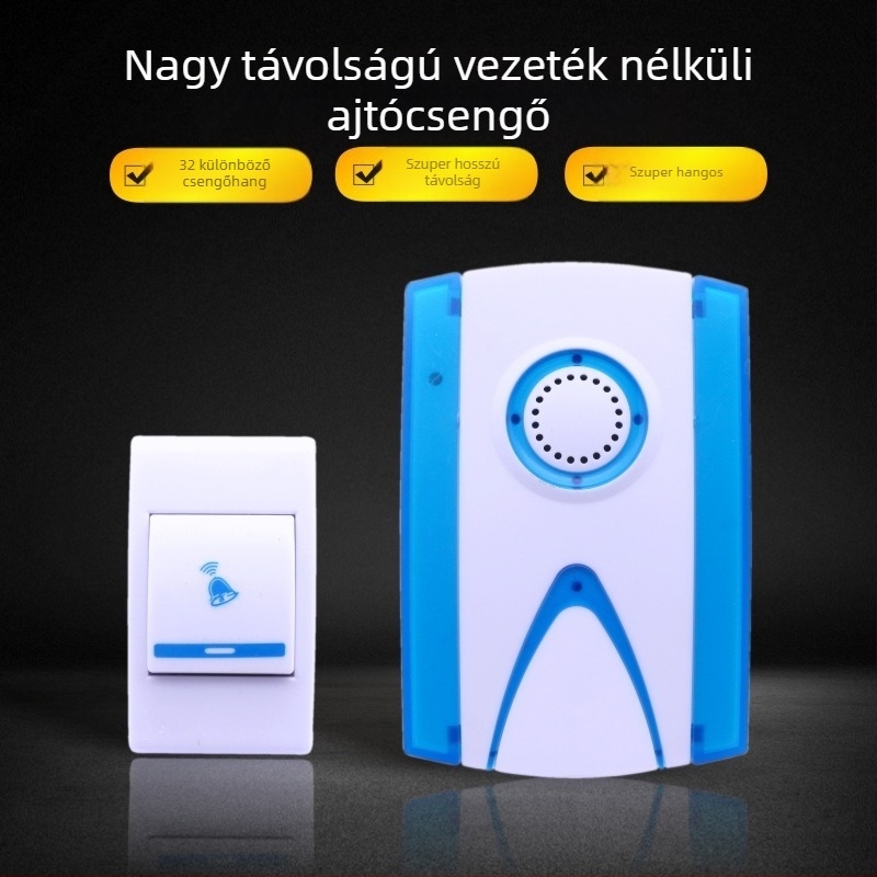 Vezeték nélküli ajtócsengő digitális zenével, távirányítóval, több csengőhang, működés akkumulátorról vagy hálózati tápellátással