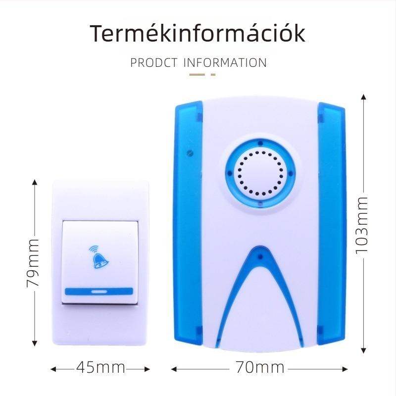 Vezeték nélküli ajtócsengő digitális zenével, távirányítóval, több csengőhang, működés akkumulátorról vagy hálózati tápellátással