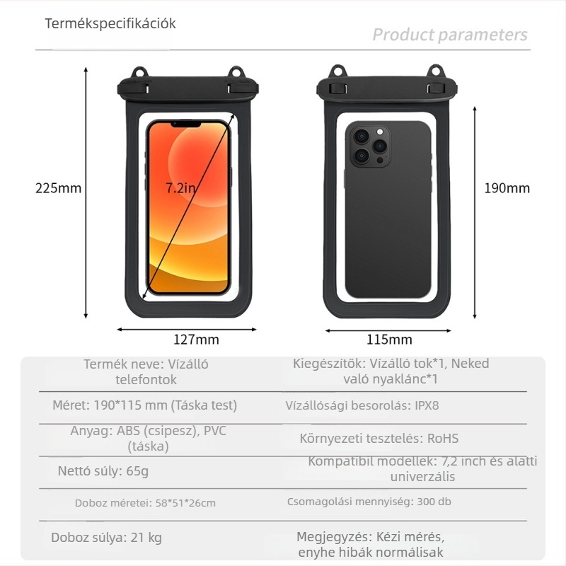 PVC vízálló telefon tok IPX8, érintőképernyő kompatibilis, búvárkodáshoz és szabadtéri tevékenységekhez
