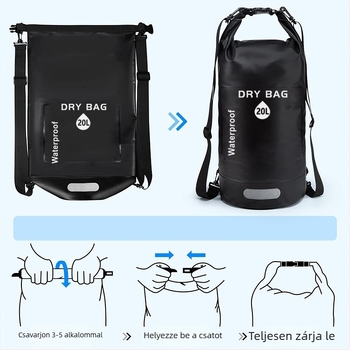 Kültéri vízálló száraz vödrös táska, 10L/20L kapacitással, 500D PVC, PVC hálós anyag, logó nyomtatás egyéni igény szerint