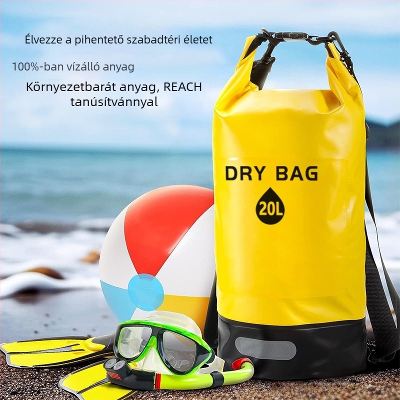 Kültéri vízálló száraz vödrös táska, 10L/20L kapacitással, 500D PVC, PVC hálós anyag, logó nyomtatás egyéni igény szerint
