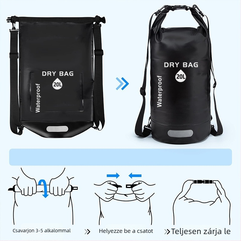 Kültéri vízálló száraz vödrös táska, 10L/20L kapacitással, 500D PVC, PVC hálós anyag, logó nyomtatás egyéni igény szerint