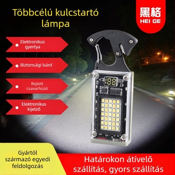 Többfunkciós kulcstartó zseblámpa vészhelyzeti eszközökkel: csavarhúzó, kulcs, üvegnyitó, biztonsági vágó, öngyújtó; COB fény 10W, 400 mA-s akkumulátor.