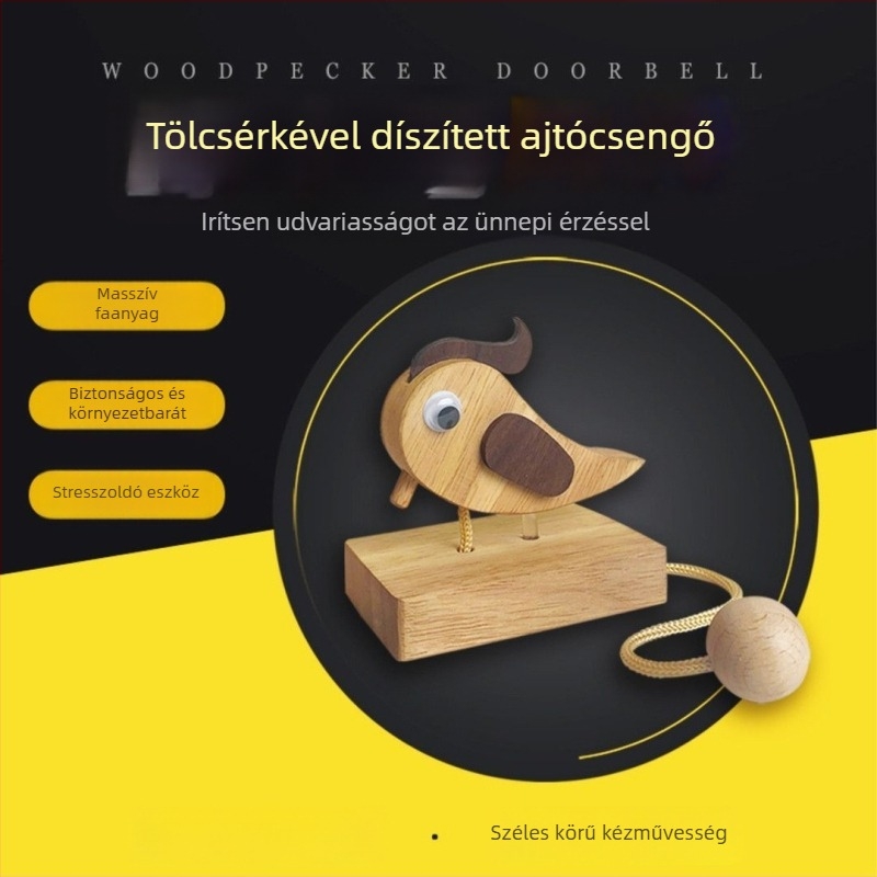 Fából készült ajtócsengő madármotívummal, kézzel húzható zsinórral, 01 modell, kézi hangzás, otthoni használatra