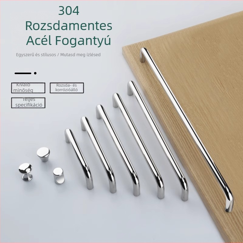 304 rozsdamentes acél kilincs fiókokhoz és ajtókhoz — polírozott felület, modern minimalista stílus, alkalmazás: fiókok, szekrények, ruhásszekrény