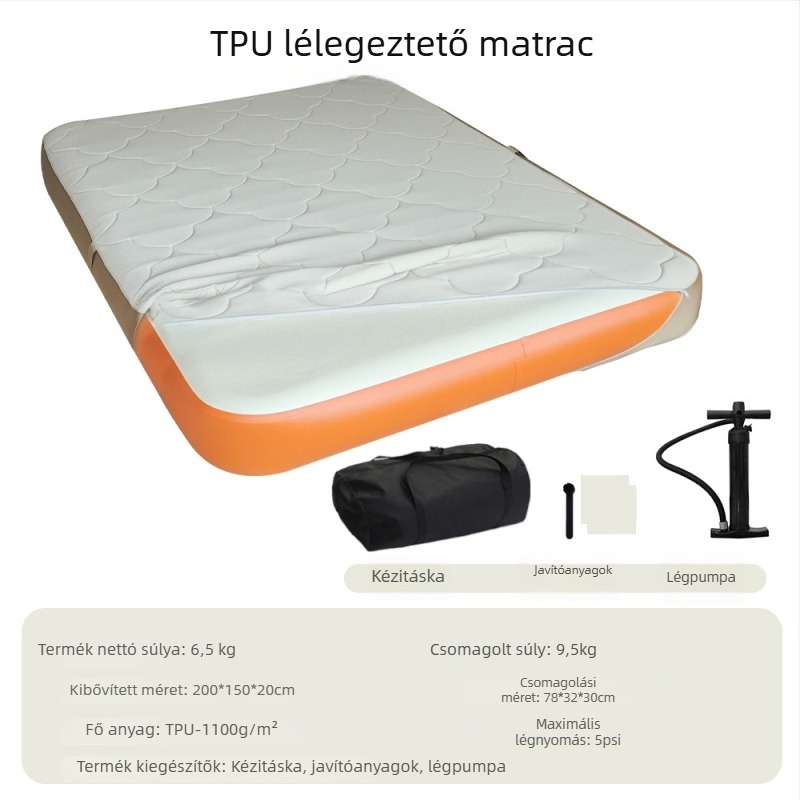Kempingezhető felfújható ágy-kanapé, nedvességálló felület, kompozit anyag, kézi pumpa, súly 12 kg, terhelhetőség 300 kg