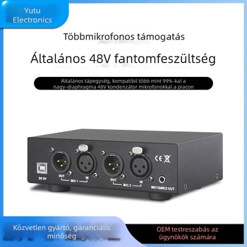 Nagy diafragmájú kondenzátormikrofon, 48V fantom tápellátás, kétcsatornás, hangkártya bemenet, erősítő és keverő