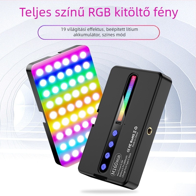 LED töltőfény M160 RGB – Hordozható kézbevehető LED világítás élő adásokhoz és fotózáshoz, beépített akkumlátor, állítható színhőmérséklet 2500K–9900K