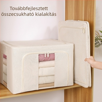 Összecsukható ruhatartó doboz megerősített acélszerkezettel, pamut-szövet anyag, PP lemez panelek, duplaablakos kialakítás, kapacitás 30–40 L