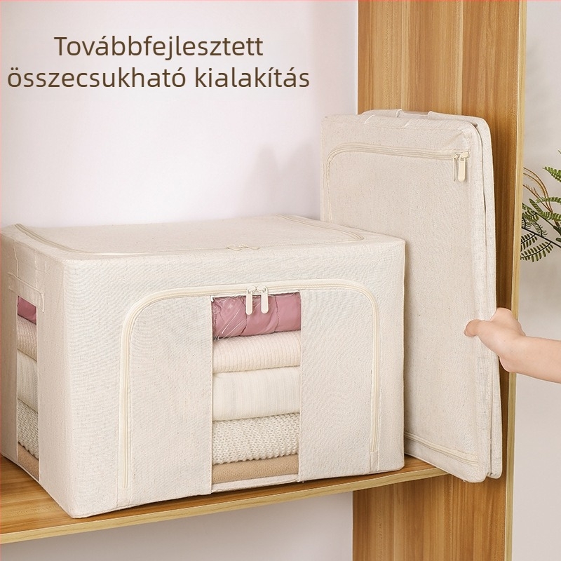 Összecsukható ruhatartó doboz megerősített acélszerkezettel, pamut-szövet anyag, PP lemez panelek, duplaablakos kialakítás, kapacitás 30–40 L