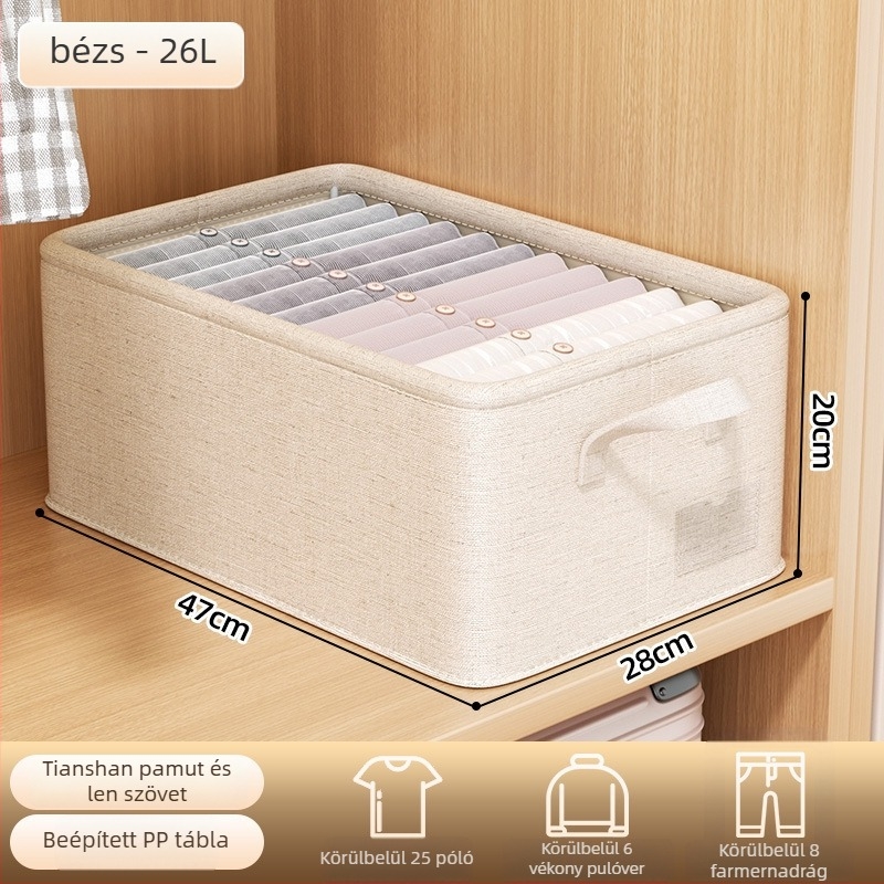 Textil tároló doboz ruhásszekrényhez – összecsukható, hordozható, kapacitás 20–30 L, minimalista stílus