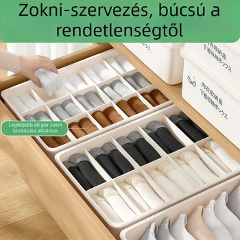 Fehérneműtároló doboz rekeszekkel, zoknik és fehérneműk számára; rendező fiókos stílusban gardróbba vagy kollégiumi szobába.
