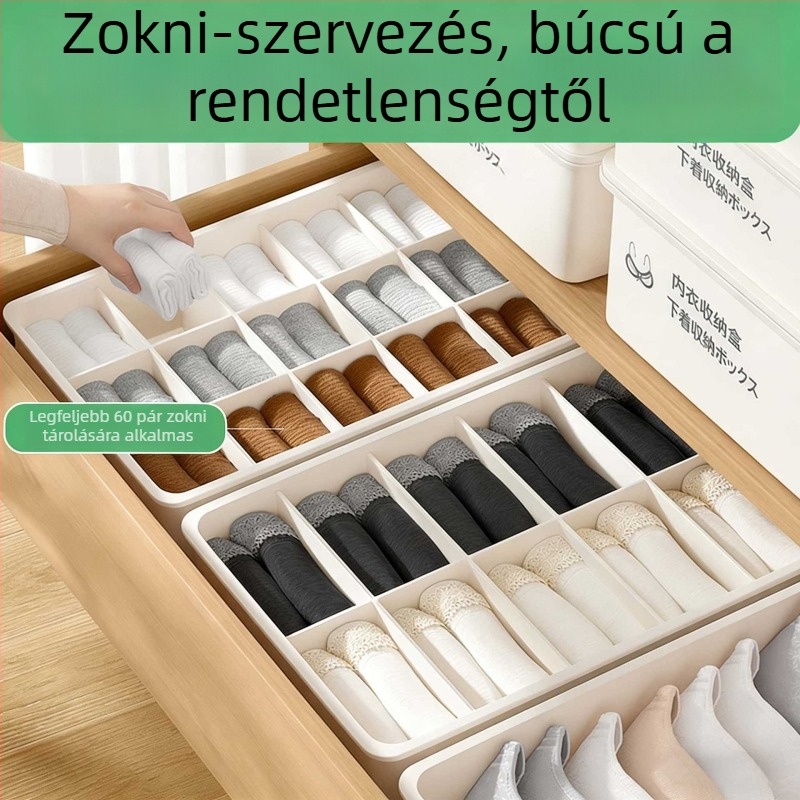 Fehérneműtároló doboz rekeszekkel, zoknik és fehérneműk számára; rendező fiókos stílusban gardróbba vagy kollégiumi szobába.