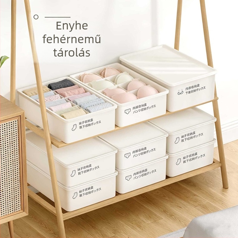 Fehérneműtároló doboz rekeszekkel, zoknik és fehérneműk számára; rendező fiókos stílusban gardróbba vagy kollégiumi szobába.