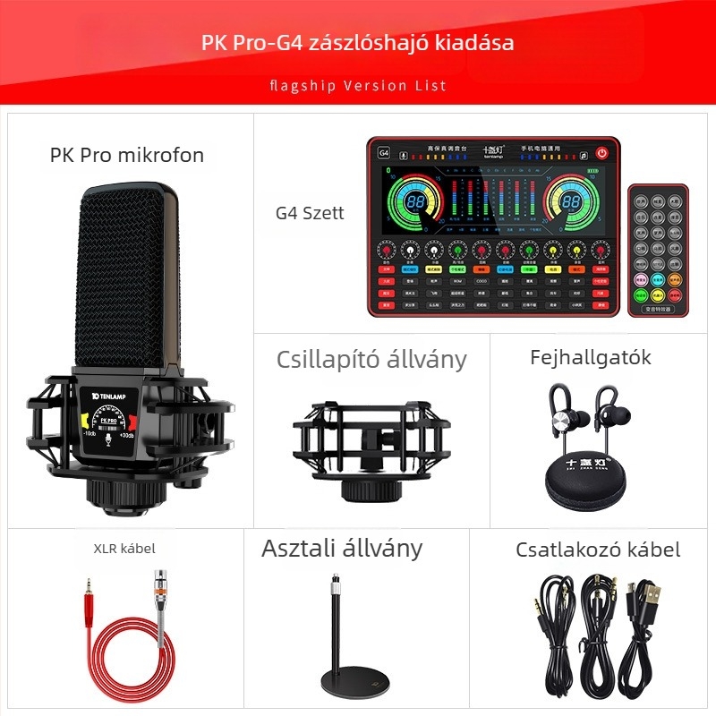 Ten Lights G-4 Számítógépes karaoke mikrofon beépített akkumulátorral (2000–4000mAh) és külső hangkártyával, vezeték nélküli, 3–6 órás üzemidő, SNR ≥70 dB