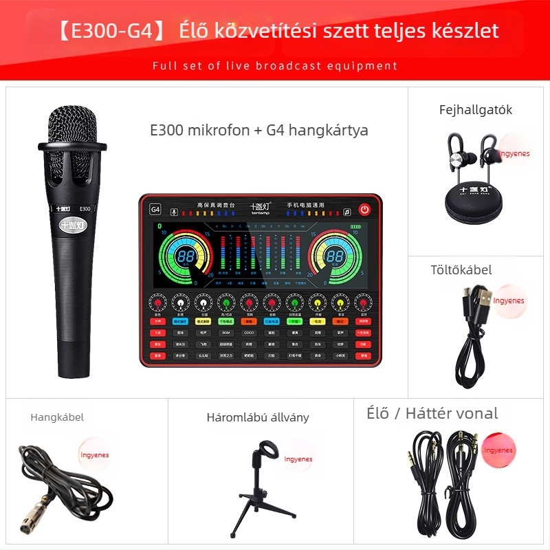 Ten Lights G-4 Számítógépes karaoke mikrofon beépített akkumulátorral (2000–4000mAh) és külső hangkártyával, vezeték nélküli, 3–6 órás üzemidő, SNR ≥70 dB