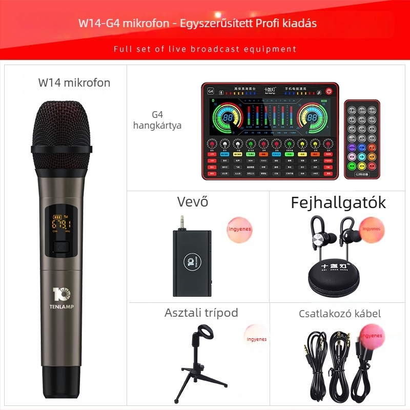Ten Lights G-4 Számítógépes karaoke mikrofon beépített akkumulátorral (2000–4000mAh) és külső hangkártyával, vezeték nélküli, 3–6 órás üzemidő, SNR ≥70 dB