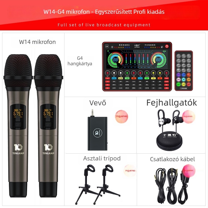 Ten Lights G-4 Számítógépes karaoke mikrofon beépített akkumulátorral (2000–4000mAh) és külső hangkártyával, vezeték nélküli, 3–6 órás üzemidő, SNR ≥70 dB
