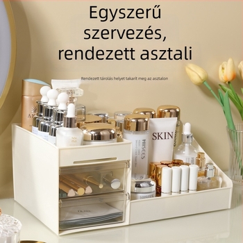 Asztali kozmetikai tároló rekeszekkel, porvédett, nagy kapacitású, PP+PS műanyagból, modern minimalista dizájn