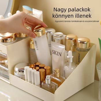 Asztali kozmetikai tároló rekeszekkel, porvédett, nagy kapacitású, PP+PS műanyagból, modern minimalista dizájn
