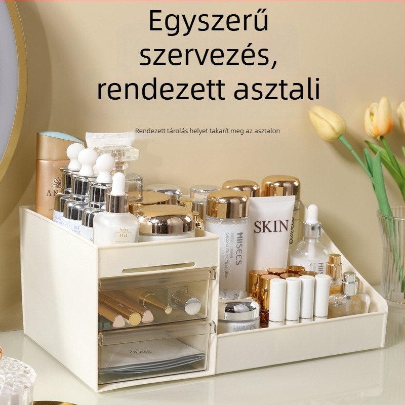 Asztali kozmetikai tároló rekeszekkel, porvédett, nagy kapacitású, PP+PS műanyagból, modern minimalista dizájn