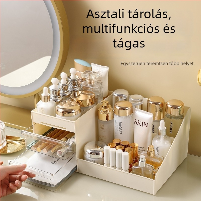 Asztali kozmetikai tároló rekeszekkel, porvédett, nagy kapacitású, PP+PS műanyagból, modern minimalista dizájn