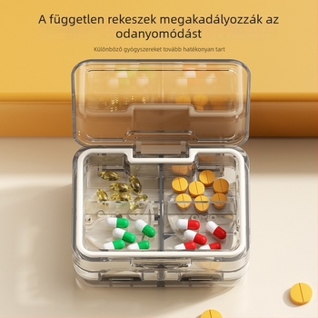 Hordozható, többfunkciós gyógyszeres doboz két rétegű zárással és nedvességálló rekeszekkel