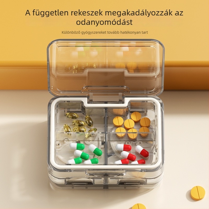 Hordozható, többfunkciós gyógyszeres doboz két rétegű zárással és nedvességálló rekeszekkel