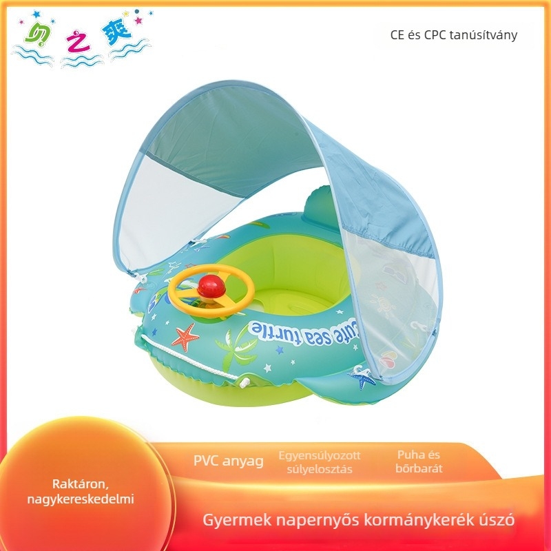 Gyerekeknek szóló felfújható úszógumi cápa alakú — rajzfilmszerű minta, környezetbarát PVC, alkalmas medencéhez és víziparkhoz