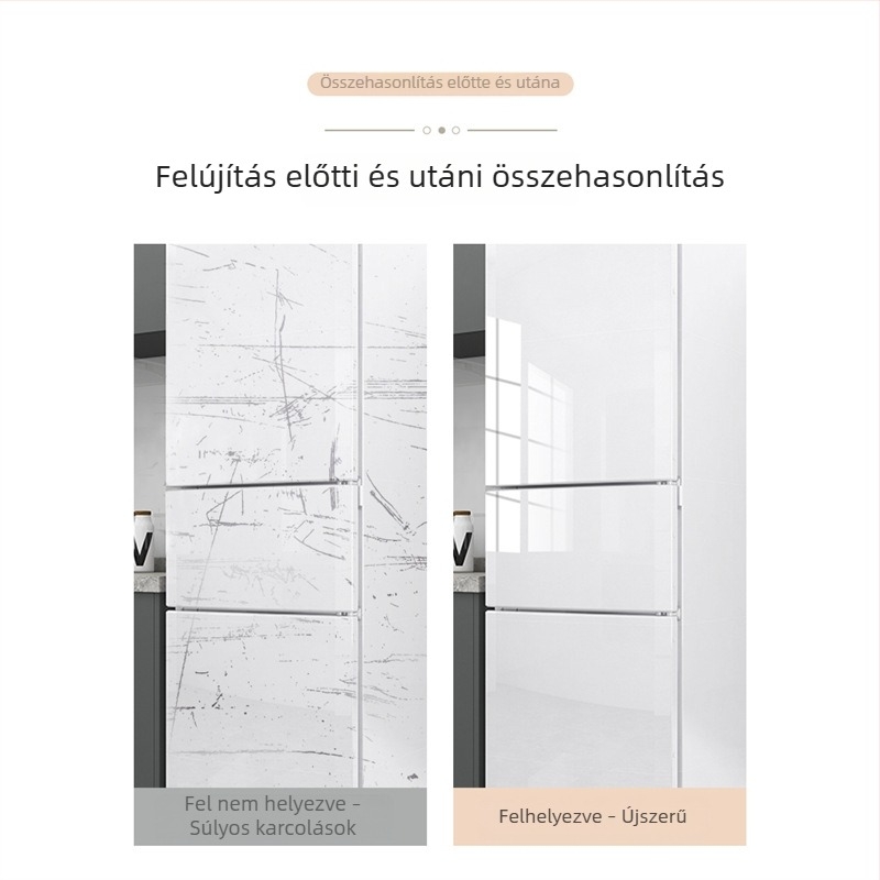Öntapadós, teljes lefedettségű dekorációs matrica készülékekhez — színváltoztató védőfilm régi hűtőhöz, klímaberendezéshez és mosógéphez.