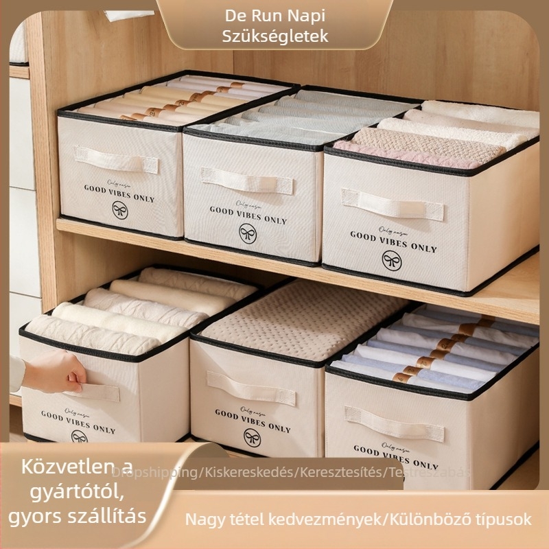 Ruhatároló doboz – összecsukható, rekeszes, egymásra tehető, Oxford anyagból, 45 L kapacitás, 25 darabos készlet