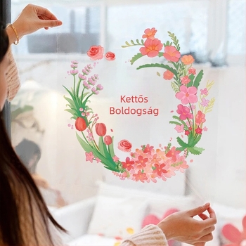 Kétoldalas esküvői matrica a boldogság szimbólumával – otthoni dekorációhoz, üveghez és ablakokhoz, elektrosztatikus autómatricák