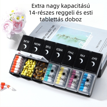 Tablettás doboz 14 rekesz, heti reggel/este csomagolás, hordozható, PP műanyag, modell 382