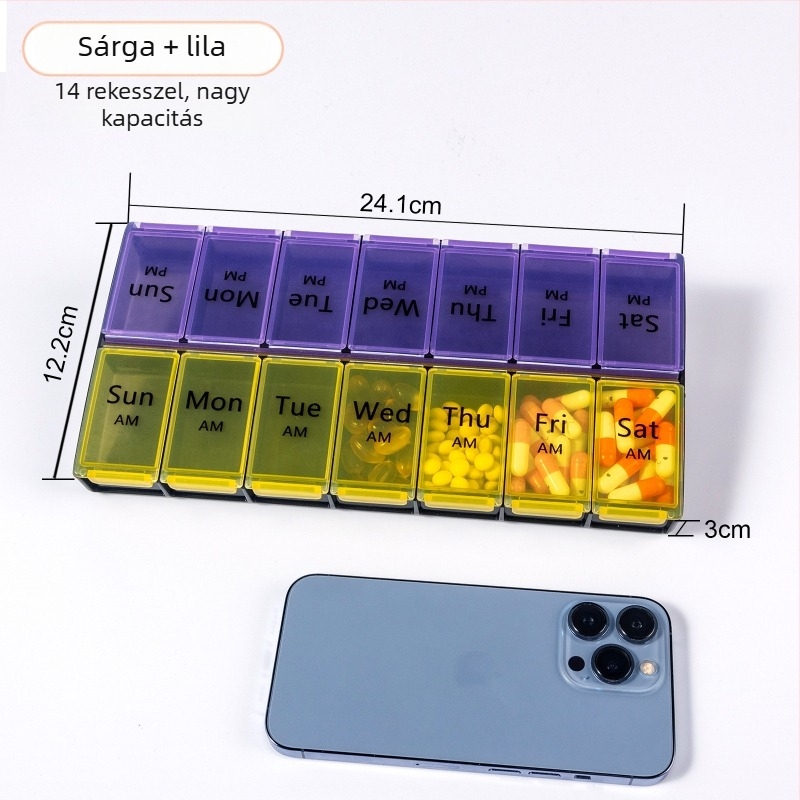 Tablettás doboz 14 rekesz, heti reggel/este csomagolás, hordozható, PP műanyag, modell 382