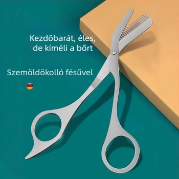 Rozsdamentes acél szemöldökolló, kétfunkciós fésűvel és vágóval – szépségápolási eszköz