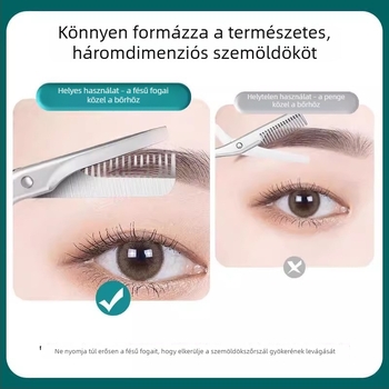 Rozsdamentes acél szemöldökolló, kétfunkciós fésűvel és vágóval – szépségápolási eszköz