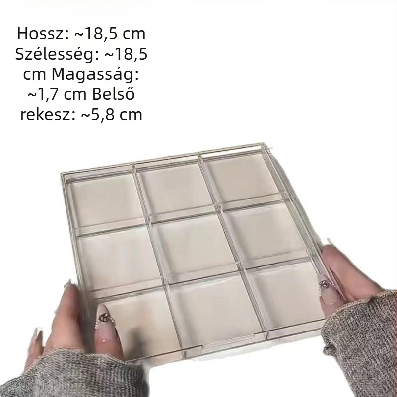 PP műanyagból készült 9 rekeszes rácsos tároló doboz jelvények kiállítóállvánnyal, modell 001, kapacitás 1 L, logónyomtatás lehetséges, cartoon minta