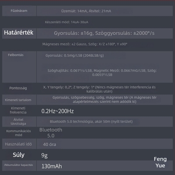 BLE 5.0 dőlésszög-érzékelő: gyorsulásmérő, giroszkóp, magnetométer