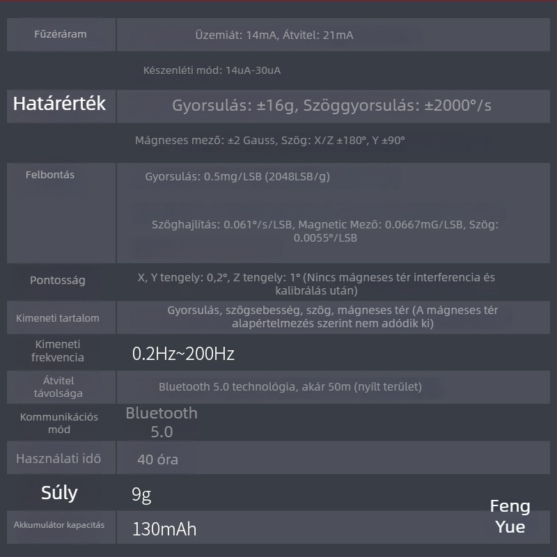 BLE 5.0 dőlésszög-érzékelő: gyorsulásmérő, giroszkóp, magnetométer