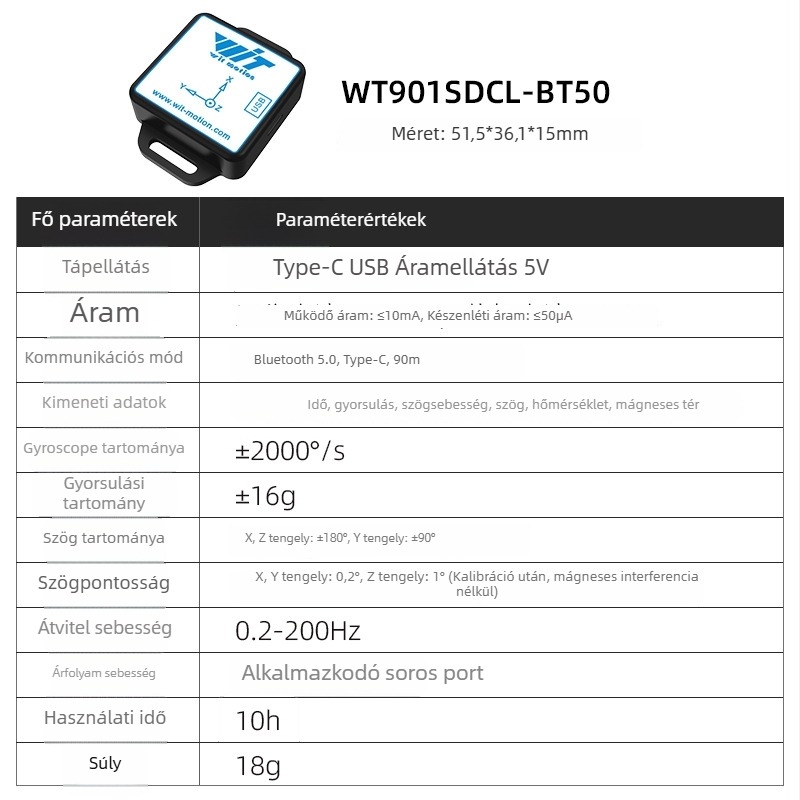 BLE 5.0 dőlésszög-érzékelő: gyorsulásmérő, giroszkóp, magnetométer