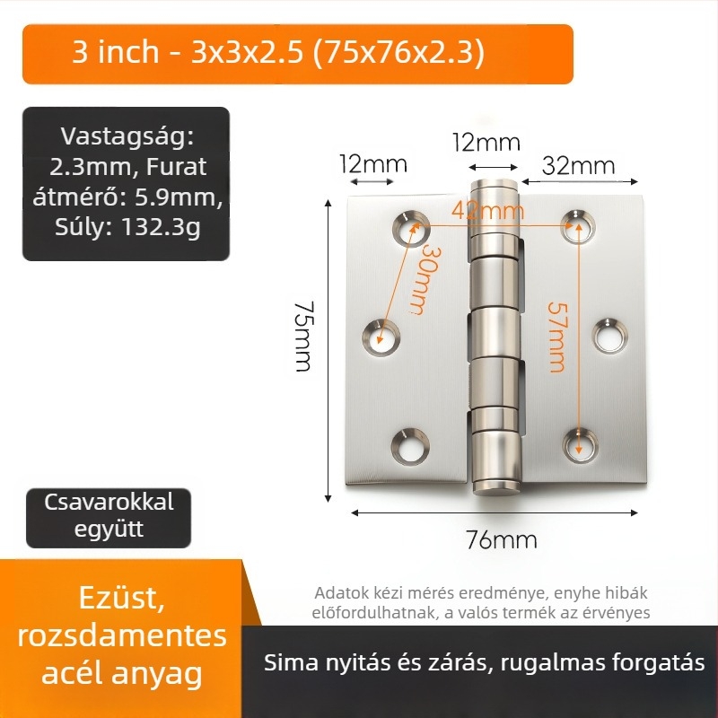 Rozsdamentes acél pánt, Tianze modell, anyag: 201 rozsdamentes acél, felület: csiszolt és polírozott, lapos nyílású típus