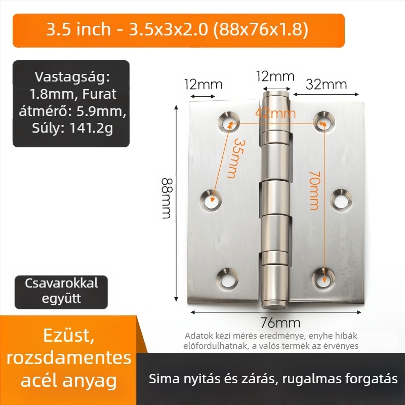 Rozsdamentes acél pánt, Tianze modell, anyag: 201 rozsdamentes acél, felület: csiszolt és polírozott, lapos nyílású típus