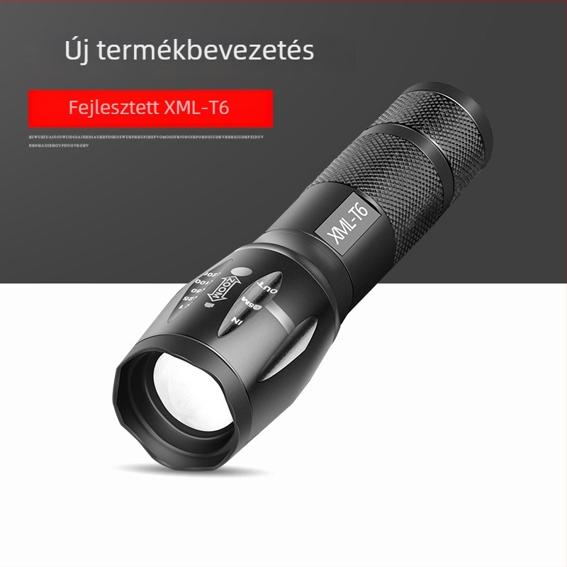Alumínium ötvözetű LED zseblámpa T6 LED-del, állítható fókusz, hosszú hatótávolság (>500 m), újratölthető töltővel, modell A100