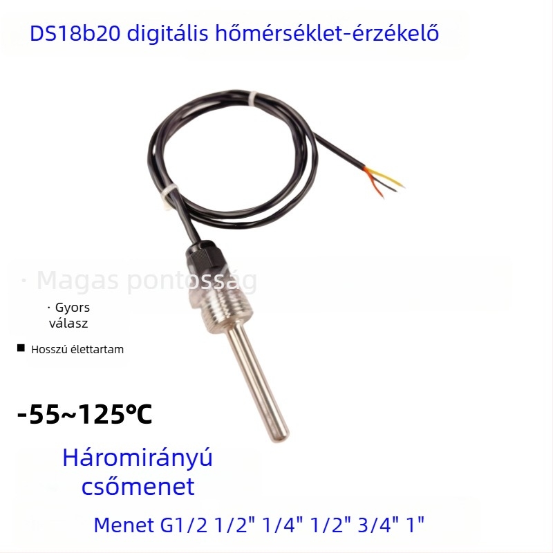 DS18B20 vízálló digitális hőmérséklet-szenzor G1/2 menet, rozsdamentes acél M10-es sonda, beépítés 6x50mm