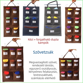 Kétszínű forgó akasztóval ellátott rongyszatyor-tároló táska, több színben