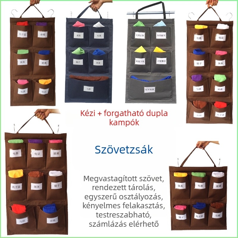 Kétszínű forgó akasztóval ellátott rongyszatyor-tároló táska, több színben